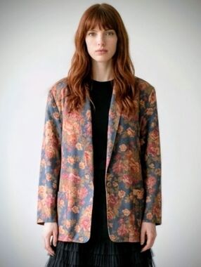 Vintage 80s Green Floral Blazer Oversized Red Size Large Cottagecore Retro